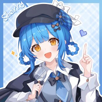 1girl absurdres black_bow black_cape blue_background blue_border blue_hair blue_necktie border bow cape character_name deerstalker grey_vest hair_bow hair_rings hat heart highres holding holding_magnifying_glass long_sleeves looking_at_viewer magnifying_glass mahou_shoujo_no_majo_saiban necktie open_mouth outline plaid_background pointing pointing_up shirt short_hair short_necktie sidelocks smile solo sparkle tachibana_sherry upper_body vest white_shirt xiongji_z_z