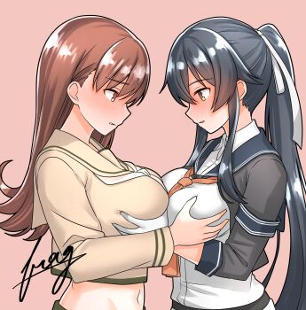2girls absurdres artist_name black_hair black_sailor_collar breasts brown_eyes brown_hair commentary_request from_behind furaggu_(frag_0416) gloves grabbing_another's_breast groping highres kantai_collection large_breasts long_hair long_sleeves midriff multiple_girls navel neckerchief ooi_(kancolle) ooi_kai_ni_(kancolle) orange_neckerchief ponytail red_eyes sailor_collar school_uniform serafuku shirt stomach watermark white_gloves white_neckerchief yahagi_(kancolle) yahagi_kai_ni_(kancolle) yellow_sailor_collar yellow_shirt