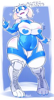 0r0ch1 1girl alternate_costume blush breasts capcom cosplay embarrassed furry heart highres horns impossible_clothes large_breasts mature_female rainbow_mika revealing_clothes street_fighter thick_thighs thighs toriel undertale utdr_(toby_fox)
