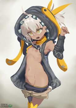 1girl absurdres ahoge artist_name bandana bandana_around_neck bandeau black_bandeau black_jacket black_sleeves black_thighhighs breasts brown_shorts cerealxs character_name cleft_of_venus clothes_pull collarbone commentary_request cowboy_shot dark-skinned_female dark_skin detached_sleeves fang girls'_frontline green_eyes grey_hair hair_between_eyes hair_ornament hair_ribbon hands_up highres hood hood_up hooded_jacket jacket klin_(girls'_frontline) loli navel nipples open_clothes open_mouth open_shorts ponytail pussy ribbon see-through_clothes see-through_jacket short_hair shorts shorts_pull simple_background single_thighhigh sleeveless sleeveless_jacket small_breasts solo teeth thighhighs uncensored v-shaped_eyebrows variant_set yellow_bandana yellow_pupils yellow_ribbon zipper