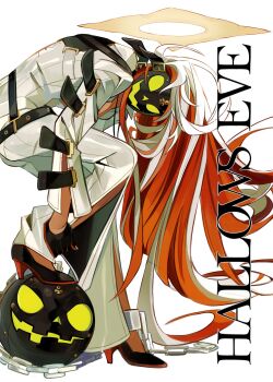 1girl ball_and_chain_restraint bodysuit borcheim colored_inner_hair commentary dorpos english_commentary english_text full_body guilty_gear guilty_gear_xrd halo high_heels highres jack-o&#039;_valentine long_hair looking_at_viewer mask multicolored_hair red_hair two-tone_hair white_bodysuit white_hair