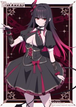 1girl aoi_suzu black_bridal_gauntlets black_dress black_hair blunt_bangs border bow breasts bridal_gauntlets cleavage closed_mouth demon_girl demon_horns demon_tail detached_collar dress dress_bow expressionless fuyuka_(aoi_suzu) gradient_hair hand_up highres horns large_breasts long_hair looking_at_viewer multicolored_hair original pink_bow pink_hair red_eyes scrunchie short_sleeves single_horn solo standing tail white_border wrist_cuffs wrist_scrunchie