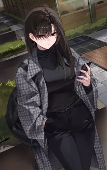 1girl bag black_eyes black_hair black_pants black_shirt breasts cellphone checkered_coat closed_mouth coat hand_in_pocket highres holding holding_phone large_breasts long_hair original outdoors pants phone sabotensuteeki shirt shoulder_bag smartphone solo