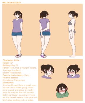 1girl absurdres arms_behind_back better-with-salt blush bra breasts brown_eyes brown_hair commentary english_commentary english_text green_hoodie grey_bra grey_panties highres hood hoodie medium_breasts original panties ponytail purple_shirt reference_sheet shirt shoes short_shorts shorts sneakers underwear white_shoes