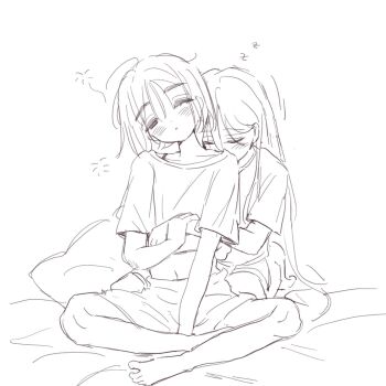 2girls :o alien_stage barefoot bra_strap coldmeow highres hug hug_from_behind long_hair midriff mizi_(alien_stage) multiple_girls navel one_eye_closed parted_lips shirt short_hair short_sleeves shorts sitting sketch sleeping sleepy sua_(alien_stage) very_long_hair zzz
