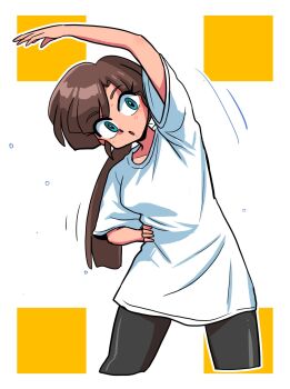 1girl alternate_costume aqua_eyes black_pants blush breasts brown_hair commentary exercising highres kuonji_ukyou long_hair medium_breasts medium_hair open_mouth pants ranma_1/2 shirt short_sleeves solo square stretching sweat symbol-only_commentary t-shirt wanta_(futoshi) white_background white_shirt