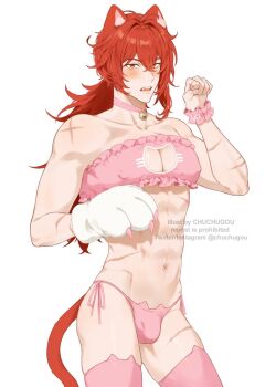 1boy alternate_costume animal_ears animal_hands artist_name bikini blush bulge cat_cutout choker chuchugou clothing_cutout cowboy_shot cross_scar crossdressing crossdressing_(mtf) diluc_(genshin_impact) fang genshin_impact gloves highres long_hair male_focus multiple_scars navel paw_gloves paw_pose pink_bikini red_hair scar scar_on_arm scar_on_leg side-tie_bikini_bottom simple_background solo swimsuit tail teeth twitter_username upper_teeth_only watermark white_background