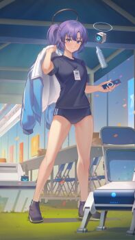 1girl absurdres atokani black_halo black_shirt black_shoes blue_archive blue_buruma blue_eyes blush buruma closed_mouth commentary confetti day drone full_body gluteal_fold grass gym_shirt gym_uniform hair_between_eyes hair_intakes half_updo halo hands_up highres holding holding_jacket holding_phone holding_unworn_clothes id_card jacket legs long_hair looking_at_viewer mechanical_halo millennium_science_school_logo official_alternate_costume official_alternate_hairstyle outdoors phone ponytail purple_hair red_pupils shirt shoes short_ponytail short_sleeves smile solo standing star_(symbol) star_sticker sticker sticker_on_face sweat thighs track_jacket unworn_jacket yuuka_(blue_archive) yuuka_(track)_(blue_archive)