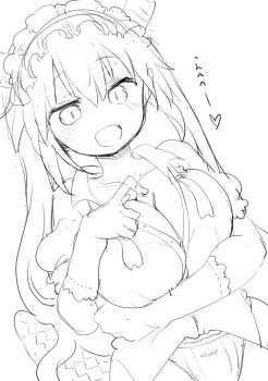 1girl breasts cleavage cool-kyou_shinja dragon_girl dragon_horns dragon_tail female_focus frills heart highres horns japanese_text large_breasts miss_kobayashi&#039;s_dragon_maid object_between_breasts panties revealing_clothes simple_background solo source_request tail thighhighs tohru_(maidragon) translation_request underwear white_background