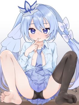 1girl barefoot blue_eyes blue_hair blush chujinmikn feet finger_to_mouth highres long_hair looking_at_viewer necktie open_clothes open_shirt original panties pantyshot single_thighhigh smile soles thighhighs toes twintails underwear