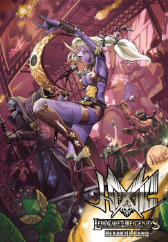 alternate_costume amumu armor bare_shoulders beard breasts chain cleavage colored_skin cowboy_hat drum drum_set facial_hair hat helmet highres hooves horns instrument jewelry karthus league_of_legends long_hair microphone mordekaiser multiple_boys multiple_girls olaf_(league_of_legends) open_mouth pentakill pentakill_(league_of_legends) pentakill_sona ponytail purple_skin red_hair single_horn sona_(league_of_legends) soraka_(league_of_legends) staff tattoo white_hair yellow_eyes yorick_(league_of_legends)