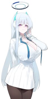 Rule 34 | 1girl, absurdres, blue archive, blunt bangs, blunt ends, breasts, brown pantyhose, cleavage, dokshuri, grey hair, halo, headgear, highres, large breasts, long hair, looking at viewer, necktie, noa (blue archive), open collar, pantyhose, purple eyes, shirt, shirt tucked in, simple background, skirt, solo, straight hair, undone necktie, very long hair, white background, white shirt, white skirt