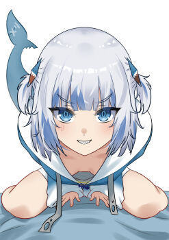 1girl absurdres blue_eyes blue_hair blue_hoodie blunt_bangs blush breasts cleavage commentary downblouse drawstring english_commentary extended_downblouse fins fish_tail full_body gawr_gura gawr_gura_(1st_costume) good_morning_my_brother_(meme) grin hair_ornament highres hololive hololive_english hood hood_down hoodie leaning_forward long_hoodie long_sleeves looking_at_viewer medium_hair meme multicolored_hair naughty_face no_bra rebelium scene_reference shark_hair_ornament shark_tail sharp_teeth simple_background small_breasts smile solo straddling streaked_hair tail teeth tokidoki_bosotto_roshia-go_de_dereru_tonari_no_alya-san two-tone_hair two_side_up v-shaped_eyebrows virtual_youtuber white_background white_hair