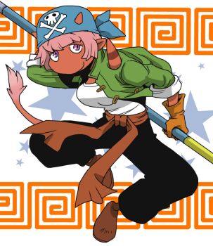 Rule 34 | 1girl, bandana, black pants, blue bandana, breasts, brown sash, chinese clothes, closed mouth, colored skin, commentary request, cone horns, cosplay, dragon quest, dragon quest iii, dragon quest x, full body, green jacket, holding, holding staff, horns, horns through headwear, jacket, jumping, looking at viewer, martial artist (dq3), martial artist (dq3) (cosplay), meandros, medium breasts, ogre (dq10), onikobe rin, open clothes, open jacket, pants, pink hair, pointy ears, purple eyes, red skin, shirt, short hair, skin-covered horns, skull and crossbones, skull print, smile, solo, staff, tail, tangzhuang, white background, white shirt