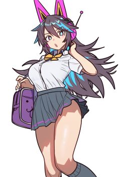 1girl absurdres animal_ear_headphones animal_ears bag black_skirt bow bowtie breasts brown_eyes cat_ear_headphones cat_ears collared_shirt fake_animal_ears grey_hair headphones highres kneehighs large_breasts long_hair looking_at_viewer multicolored_hair nyanko_daisensou open_mouth shirt short_sleeves shoulder_bag skirt socks solo streaked_hair thighs thundia_(nyanko_daisensou) white_shirt