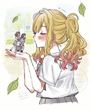4girls black_hair blonde_hair blush brown_hair closed_eyes closed_mouth commentary_request cropped_torso cupping_hands facing_another falling_leaves from_side gradient_hair grey_hair grey_skirt hair_between_eyes hands_up heart highres hinomori_shiho hoshino_ichika_(project_sekai) imminent_kiss komae412 leaf leo/need_(project_sekai) long_hair long_sidelocks mochizuki_honami multicolored_hair multiple_girls neckerchief outdoors own_hands_together perspective pink_hair pleated_skirt profile project_sekai red_neckerchief sailor_collar school_uniform serafuku shirt short_hair short_sleeves side_ponytail sidelocks skirt summer_uniform tenma_saki translation_request tree twintails watermark white_sailor_collar white_shirt