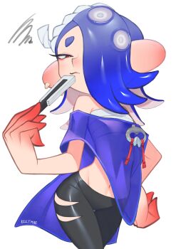 Rule 34 | 1girl, absurdres, artist name, black pants, blue hair, blue shawl, chest sarashi, closed mouth, commentary request, earrings, folded fan, folding fan, hair over one eye, hairband, hand fan, hand on own hip, highres, holding, holding fan, jewelry, kellymae, long hair, looking at viewer, multiple earrings, nintendo, octoling, pants, red eyes, sarashi, shawl, shiver (deep cut outfit) (splatoon), shiver (splatoon), short eyebrows, simple background, solo, splatoon (series), splatoon 3, squiggle, tentacle hair, thick eyebrows, tooth earrings, torn clothes, torn pants, twitter username, white background, white hairband