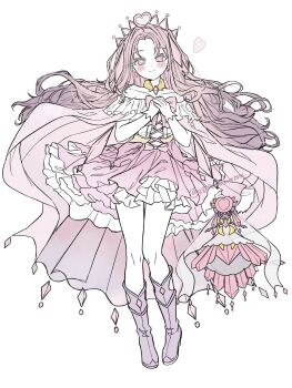 Rule 34 | 1girl, blush, boots, bow, bowtie, cape, corset, crown, diancie, full body, gen 6 pokemon, gloves, gold choker, heart, heart-shaped pupils, highres, humanization, legendary pokemon, looking at viewer, mega diancie, mega pokemon, mythical pokemon, natsun (4869ntmmmmm), nintendo, pink bow, pink bowtie, pink cape, pink eyes, pink hair, pink skirt, pokemon, pokemon (creature), purple boots, purple hair, simple background, skirt, standing, symbol-shaped pupils, white background, white corset, white gloves