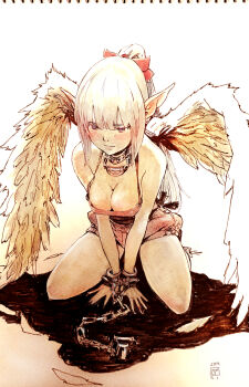 1girl angel_wings blue_eyes breasts chain chained chained_wrists cleavage collar commentary_request dated earrings expressionless feathered_wings full_body high_ponytail highres jewelry kneeling large_breasts li_(lithium0522) long_hair original pointy_ears ponytail red_shorts short_shorts shorts signature solo stud_earrings traditional_media white_hair wings