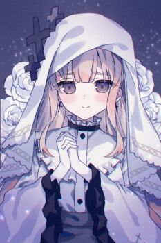 Rule 34 | 1girl, blonde hair, blunt bangs, closed mouth, commentary request, cross, cross earrings, dress, earrings, floral background, flower, frilled sleeves, frills, gloves, haruno ichigo, highres, hikami meruru, interlocked fingers, jewelry, long hair, long sleeves, looking at viewer, mahou shoujo no majo saiban, own hands together, priestess, purple eyes, rose, smile, solo, upper body, veil, white dress, white flower, white gloves, white rose, white veil