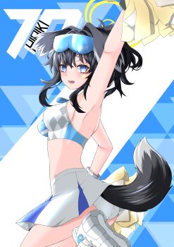 1girl absurdres animal_ears arm_up armpits ass black_hair blue_archive blue_background blue_eyes blush breasts bright_pupils character_name cheering cheerleader clothes_lift commentary cowboy_shot dog_ears dog_girl dog_tail floating_hair floppy_ears from_side goggles goggles_on_head hair_between_eyes hair_intakes halo hibiki_(blue_archive) hibiki_(cheer_squad)_(blue_archive) highres holding holding_pom_poms long_hair looking_at_viewer maximum7010 medium_breasts millennium_science_school_logo miniskirt official_alternate_costume official_alternate_hairstyle open_mouth panties pantyshot pleated_skirt pom_pom_(cheerleading) pom_poms ponytail sidelocks simple_background skirt skirt_lift solo sports_bra standing standing_on_one_leg star_(symbol) star_sticker sticker sticker_on_face tail two-tone_background underwear white_background white_panties white_pupils white_skirt yellow_halo