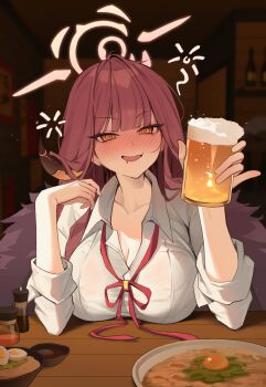 1girl absurdres alcohol aru_(blue_archive) beer beer_mug blue_archive breasts cup drunk halo highres holding holding_cup large_breasts looking_at_viewer mill_bbang mug orange_eyes red_hair red_halo red_ribbon ribbon shirt solo squeans white_shirt