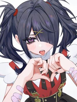 1girl ame-chan_(needy_girl_overdose) bandaid bandaid_on_arm black_hair black_nails black_ribbon black_skirt blush commentary english_commentary hair_ornament hair_over_one_eye hamafugu high_collar highres implied_self-harm looking_at_viewer medium_hair multicolored_nails neck_ribbon needy_girl_overdose open_mouth purple_eyes red_nails red_shirt ribbon shirt simple_background skirt solo teeth tongue tongue_out twintails upper_body upper_teeth_only white_background x_hair_ornament