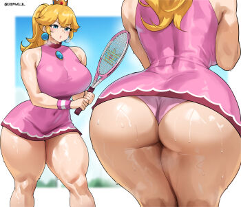 1girl ass bare_shoulders blonde_hair blue_eyes blue_gemstone blue_sky blurry blurry_background blush breasts chest_jewel commentary commission covered_groin covered_navel cromwellb crown day dress earrings from_behind gem hair_between_eyes heavy_breathing highres holding holding_tennis_racket huge_breasts jewelry long_hair mario_(series) mario_tennis median_furrow microskirt multiple_views nintendo outdoors panties pink_dress pink_lips pink_panties pink_wrist_cuffs pixiv_commission ponytail princess_peach princess_peach_(toadstool_tour) racket skirt sky sleeveless sleeveless_dress solo_focus sweat tennis_racket thick_thighs thighs twitter_username underwear white_background wrist_cuffs yellow_crown