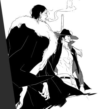 2boys abs beard belt chamsut0905 coat commentary_request crocodile_(one_piece) dracule_mihawk facial_hair fur-trimmed_coat fur_trim greyscale hat_feather jewelry korean_commentary male_focus monochrome multiple_boys mustache one_piece ring short_hair smoke stitched_face stitches sword weapon