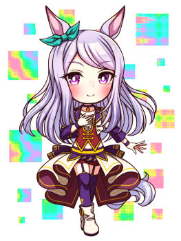 1girl animal_ears aqua_bow blush bodice boots bow breasts chibi chibi_only choker closed_mouth collarbone commentary_request corset cropped_jacket ear_bow ear_ribbon full_body garter_straps highres horse_ears horse_girl horse_tail jacket long_hair long_sleeves looking_at_viewer mejiro_mcqueen_(umamusume) midriff_peek navel overskirt pendant_choker purple_choker purple_eyes purple_garter_straps purple_hair purple_thighhighs red_corset red_shorts shirt shorts small_breasts smile solo star_(symbol) starting_future_(umamusume) sugimotty_nova tail thighhighs umamusume white_boots white_jacket white_shirt wristband