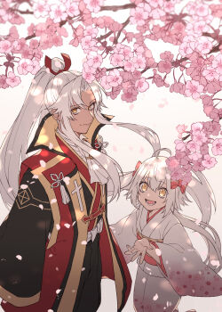 1boy 1girl ahoge alternate_costume amakusa_shirou_(fate) amakusa_shirou_(third_ascension)_(fate) bow cherry_blossoms commentary_request dark-skinned_male dark_skin falling_petals fate/grand_order fate_(series) hair_bow high_ponytail highres japanese_clothes jeanne_d&#039;arc_alter_santa_lily_(fate) kimono long_hair open_mouth petals ponytail red_bow short_hair_with_long_locks sidelocks smile tofu_(bean359) white_hair white_kimono wide_sleeves yellow_eyes