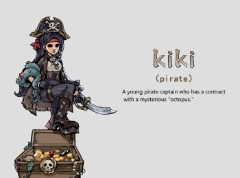 Rule 34 | absurdres, alternate costume, bandana, black gloves, black hair, black pants, boots, breasts, brown boots, brown coat, brown corset, captain morgan pose, character name, coat, coin, commentary, corset, cutlass, darkest dungeon, earrings, english commentary, english text, feathers, gem, gloves, gold coin, hat, highres, holding, holding sword, holding weapon, hoop earrings, jewelry, kiki (ongezellig), leather coat, necklace, octopus, ongezellig, pants, parody, pirate, pirate hat, red bandana, shirt, single earring, skull, small breasts, starfish, style parody, sword, the devil chewing gum, treasure chest, weapon, white shirt