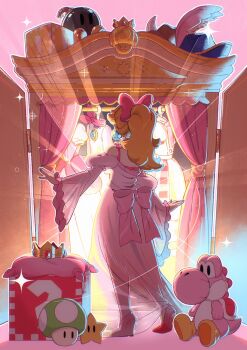 1girl ? blonde_hair bob-omb character_doll doll dress earrings hat highres jewelry life_mushroom_(mario) long_hair mario_(series) nintendo pink_dress ponytail princess_peach princess_peach:_showtime! saiwo_(saiwoproject) solo sphere_earrings stuffed_toy super_star_(mario) wardrobe yoshi