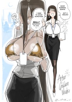 1girl absurdres bikini black_skirt breasts breasts_out brown_hair cleavage closed_eyes collared_shirt commentary dress_shirt earrings english_commentary english_text full_body gold_bikini grin highres holding holding_paper id_card jewelry lanyard large_breasts long_hair micro_bikini multiple_views office_lady ohkohaku original paper pencil_skirt shirt shirt_tucked_in skirt smile speech_bubble swimsuit twitter_username underboob very_long_hair white_background white_shirt