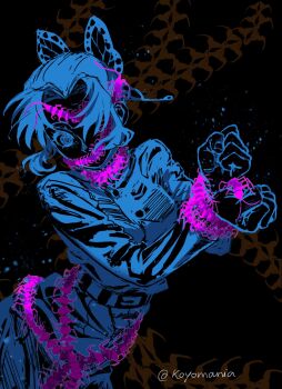 Rule 34 | 1girl, @ @, belt, black background, bound, bound wrists, breasts, bug, butterfly hair ornament, centipede, clenched hands, color contrast, covered mouth, cowboy shot, demon slayer uniform, hair ornament, highres, kimetsu no yaiba, kochou shinobu, koyomania, long sleeves, looking at viewer, medium breasts, oversized bug, parted bangs, short hair, sidelocks, solo, twitter username