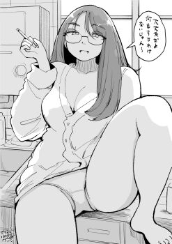 1girl barefoot breasts cleavage dated glasses hadashi_no_kenji hand_up highres indoors long_hair no_pants on_counter open_mouth original panties sink sitting smile solo speech_bubble underwear