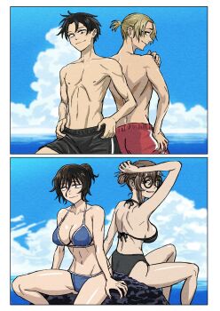 2boys 2girls absurdres asai_akira beach bikini black_bikini black_hair blonde_hair blue_bikini breasts brown_hair cleavage glasses grand_blue highres large_breasts long_hair looking_at_viewer mature_female multiple_boys multiple_girls ponytail reiquant rock seki_mahiru short_hair sideboob sitting swimsuit thighs uguisu_anko yamori_kou yofukashi_no_uta