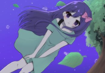 1girl aubrey_(headspace)_(omori) aubrey_(omori) blue_shirt blush bow bra_strap collarbone colored_skin hair_bow highres leaf long_hair long_shirt looking_at_viewer omori open_mouth outdoors pink_bow purple_eyes purple_hair purple_sky shirt short_sleeves sky solo t-shirt tree true_erg white_skin