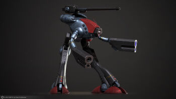 3d aiming alien arm_cannon canopy choujikuu_yousai_macross cyclops damaged dirty emblem energy_cannon glaug glowing glowing_eye gradient_background highres logo machinery macross mecha muzzle non-humanoid_robot one-eyed radio_antenna realistic remi_kristiansen robot roundel science_fiction shoulder_cannon signature solo thrusters walker_(robot) weapon zentradi