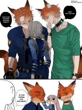 animal_ear_fluff animal_ears black_necktie blue_shirt collarbone commentary cuffs english_text fox_boy fox_ears fox_tail furry_and_humanization green_eyes green_shirt grey_fur grey_hair hand_up handcuffs highres humanization judy_hopps long_hair looking_at_another looking_to_the_side low_twintails necktie nick_wilde police police_uniform policewoman purple_eyes rabbit_girl rabbit_tail red_fur shinya_abcxyz shirt short_hair snout speech_bubble sunglasses symbol-only_commentary tail thought_bubble twintails unworn_eyewear zootopia