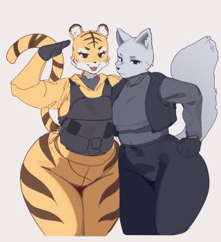 2girls absurdres animal_ear_fluff animal_ears animal_print bulletproof_vest furry furry_female gya_rb highres midriff multiple_girls original simple_background tail tiger_ears tiger_girl tiger_print tiger_tail white_background wolf_ears wolf_girl wolf_tail