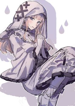 1girl ankle_lace-up black_eyes blue_eyes blush brown_hair commentary_request cross cross_earrings dress earrings frilled_dress frilled_sleeves frills from_side gloves highres hikami_meruru jewelry looking_at_viewer looking_to_the_side magical_girl mahou_shoujo_no_majo_saiban mary_janes matarasu_(aaaaaaaaj) multicolored_eyes own_hands_clasped own_hands_together pantyhose parted_lips priestess shoes sketch solo tearing_up tears two-tone_eyes veil water_drop wavy_mouth wide_sleeves