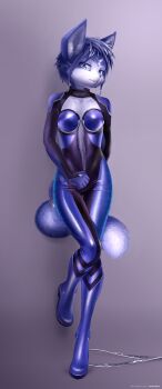 1girl :3 ancesra animal_ear_fluff animal_ears animal_nose arm_behind_back artist_name belt blue_bodysuit blue_eyes blue_fur blue_gemstone blue_hair body_fur bodysuit breasts circlet collarbone female_focus fox_ears fox_girl fox_tail full_body furry furry_female gem hair_ornament happy highres knees_together_feet_apart krystal leg_up looking_at_viewer medium_breasts navel nintendo parted_lips patreon_username purple_background shiny_clothes short_hair sidelocks simple_background skin_tight smile snout solo standing standing_on_one_leg star_fox star_fox_assault tail two-tone_fur unzipped watermark web_address white_fur zipper