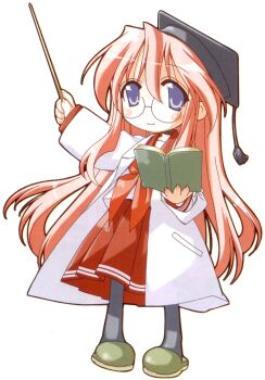 00s 1girl black_pantyhose book female_focus glasses hat highres lucky_star official_art pantyhose pointer professor school_uniform serafuku solo takara_miyuki teacher yoshimizu_kagami