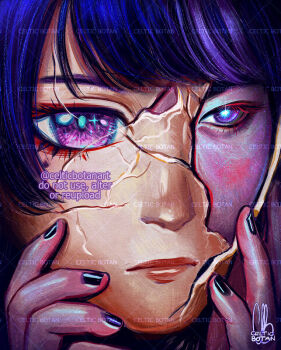 1girl artist_name blue_pupils blunt_bangs celticbotan close-up closed_mouth commentary cracked_kawaii_mask cracked_skin english_commentary genshin_impact hands_on_own_face looking_to_the_side mask multicolored_eyes multicolored_hair pink_lips purple_eyes purple_hair purple_nails raiden_shogun solo star_(symbol) star_in_eye symbol_in_eye tumblr_username twitter_username upper_body watermark