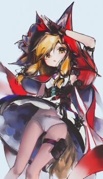 1girl absurdres aiskm7 animal_ear_fluff animal_ears arknights arknights:_endfield blonde_hair blush breasts cape claw_pose collarbone commentary_request diamond-shaped_pupils diamond_(shape) dress ears_through_headwear hands_up highres hood hood_up hooded_cape long_hair looking_at_viewer open_mouth panties red_cape rossi_(arknights) solo squeans symbol-shaped_pupils tail underwear white_dress white_panties wolf_ears wolf_girl wolf_tail yellow_eyes