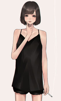 1girl absurdres aegyo_sal bare_arms bare_shoulders black_chemise black_eyes black_hair black_shorts bob_cut chemise cigarette closed_mouth collarbone commentary_request cowboy_shot eyelashes finger_to_cheek grey_background highres holding holding_cigarette lipstick looking_at_viewer makeup mano_aaa mole mole_on_chest mole_on_shoulder original red_lips self-harm_scar short_hair shorts smoke smoke_trail smoking solo standing swept_bangs