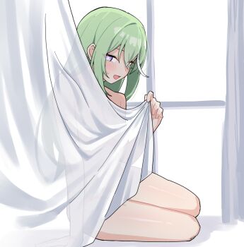 1girl absurdres arm_support bright_pupils commentary curtain_grab curtains from_side green_hair hand_up highres implied_nudity korean_commentary long_hair looking_at_viewer looking_to_the_side maksagwa purple_eyes sitting solo stellive straight_hair sweat white_pupils window yuzuha_riko