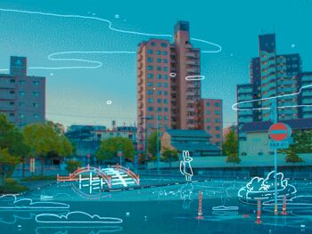 animal animated animated_gif bridge building creature falling_star flying furry ghost looping_animation night original outdoors ph4_18c photo_background sea_serpent sign standing water