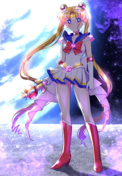 1girl absurdres bishoujo_senshi_sailor_moon blonde_hair blue_eyes blue_sailor_collar boots bow breasts brooch choker circlet closed_mouth collarbone crescent crescent_earrings double_bun earrings elbow_gloves full_body gloves hair_bun heart heart_brooch heart_choker highres himehachi_(hime8manga) holding jewelry knee_boots legs_apart long_hair magical_girl medium_breasts miniskirt pleated_skirt red_boots red_bow sailor_collar sailor_moon sailor_senshi_uniform shirt skirt sleeveless sleeveless_shirt smile solo spiral_heart_moon_rod split_mouth standing super_sailor_moon tsukino_usagi twintails white_gloves white_shirt white_skirt